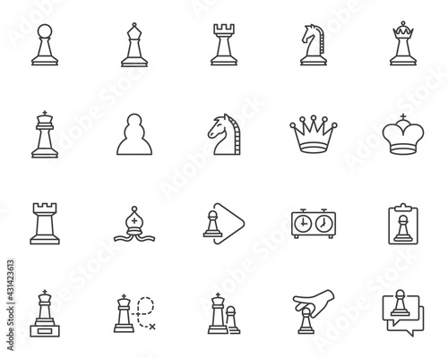 Chess game line icons set