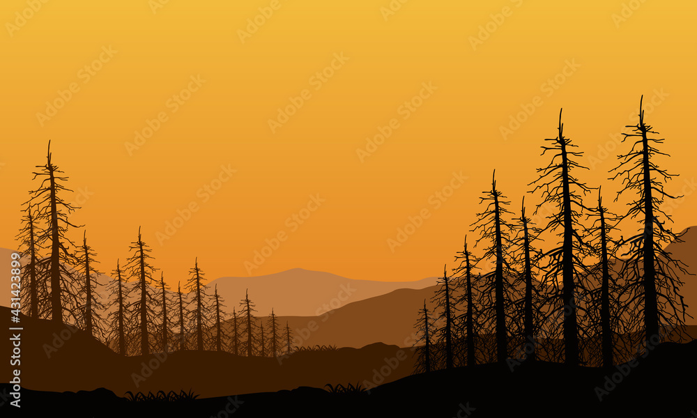 Amazing views of the mountains and silhouettes of dry trees from the edge of the city at dusk. Vector illustration