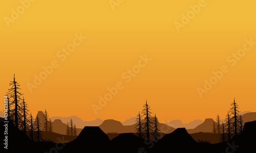 Realistic Mountain View at dusk with silhouettes of dry trees around it. Vector illustration