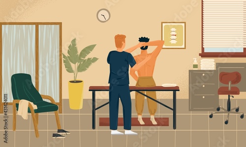 Osteopathy and massage therapy concept vector illustration. Professional male masseur helps man with back pain. Doctor therapist in massage clinic