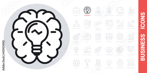 Inspiration or imagination icon. Human brain with a light bulb inside. Simple black and white version from a series of business icons