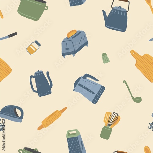 Kitchen appliances seamless pattern. Vector hand drawn illustration. Cooking set with toaster, grater, tea pot, mixer and kettle. Home kitchenware