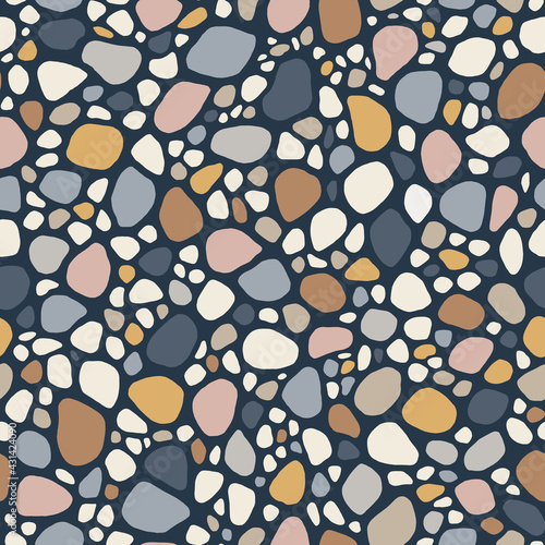 Hand-Drawn Doodle Sea Pebbles Vector Seamless Pattern. Summer Beach Seaside Print. Ocean Fashion Textile Blue, White Background. Seashore Elements Texture for Fabrics, Wallpaper