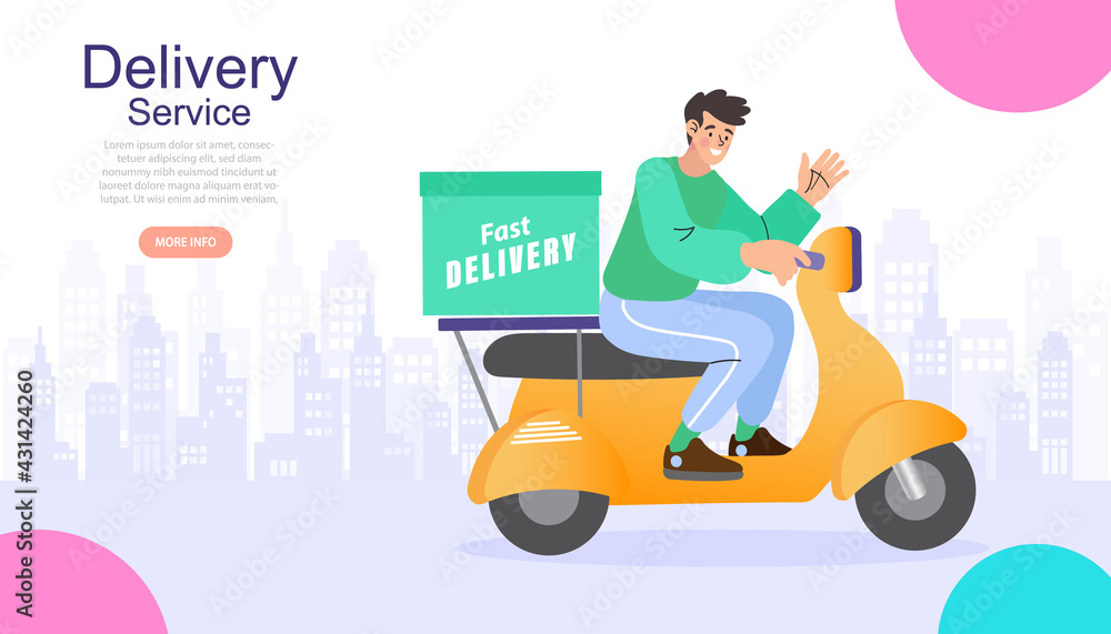 E-commerce concept, Fast delivery by scooter on mobile, Online food order infographic. Webpage, app design. Isolated vector. E-commerce concept, Fast delivery by scooter on mobile, Online food order infographic. Webpage, app design. Isolated vector.