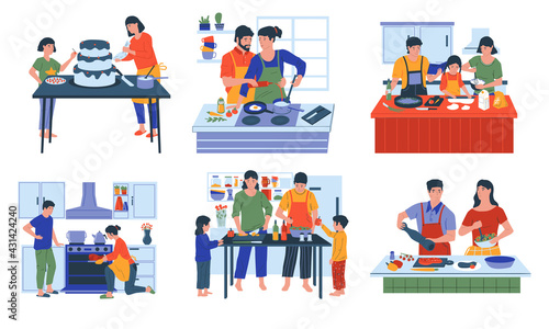 Food preparing. Cartoon families and friends cooking at home. Mother with daughter baking holiday cake. Couple frying vegetables and meat for lunch together. Vector kitchen interiors