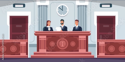 Court. Cartoon courtroom interior with judges sitting at desk in uniform. Tribunal process. Lawyers review lawsuit documents. Spacious trial hall with wooden tables, vector illustration