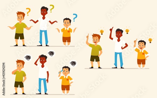 Boys thinking, puzzled and finding solution, flat vector illustration isolated.