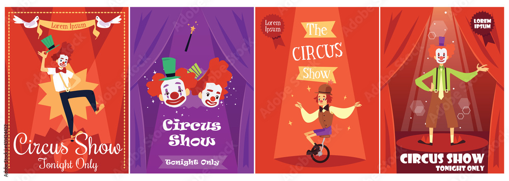 Fototapeta premium Design posters for fun circus show or entertainment performance with clowns.