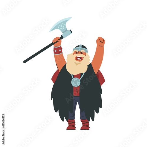 Viking. Cartoon Scandinavian character in military historic costume. Medieval Norwegian warlike barbarian. Shouting berserker raising hands. Vector bearded man holding metal battle axe