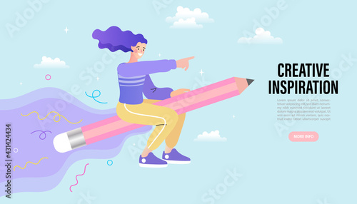 woman flying on a pencil. Generating ideas or leap of imagination concept. Back to school vector illustration.