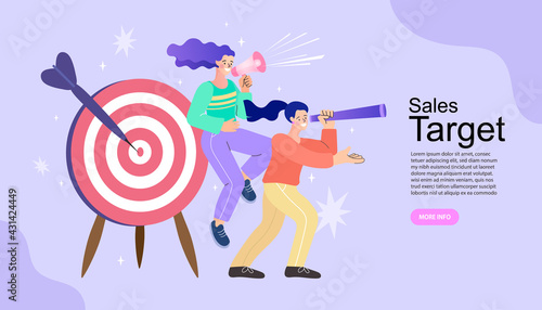 Sales target concept. woman holding a megaphone. influencer marketing concept - blogger promotion services and goods for her followers online. Vector illustration in flat simple style.