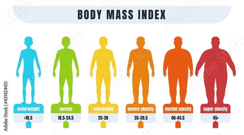 Man BMI. Body mass index infographics for male with normal weight and obesity. Fat and skinny silhouettes. Diagram for medical diagnostic. Vector underweight or adiposity diagnosis