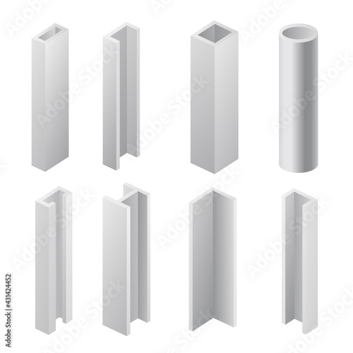 Vector set of steel beam and tubes for building, metal construction materials.