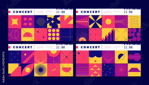 Geometric tickets. Music concert and cinema entry tags with abstract Bauhaus elements. Contour figures and silhouettes. Frames with simple shapes or lines. Vector bright minimal flyers set