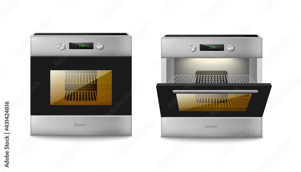 Oven or stove with closed and open door, realistic vector illustration