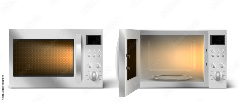 Modern microwave oven with open and closed door and lit lamp inside.  Kitchen electric appliance for cooking food. Vector realistic 3d empty  white microwave oven with display, buttons and glass plate Stock