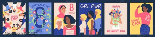 Women's day posters. 8 March International feminine holiday. Cartoon celebration banners set with female solidarity or girl power symbols and feminist slogans. Vector greeting cards