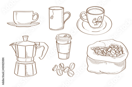 coffee accessories sketch drawing vector - Free hand drawing