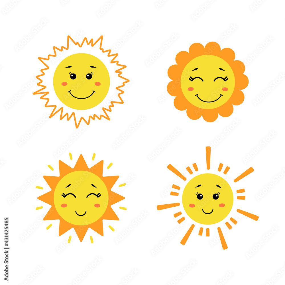 Set of cute hand drawn sun. Yellow funny suns with different emotions isolated on white background. Vector childish illustration in flat cartoon style.