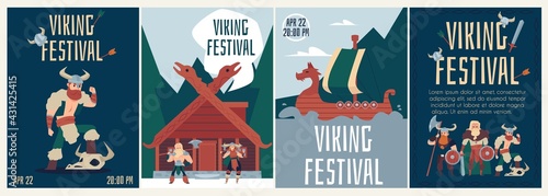 Banners or posters for Viking festival with warriors, flat vector illustration.