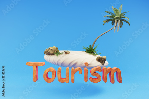 stylized lonely small tropical island with palmtree hovering; holiday travel tourism concept; 3D Illustration photo