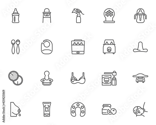 Maternity, breastfeeding line icons set
