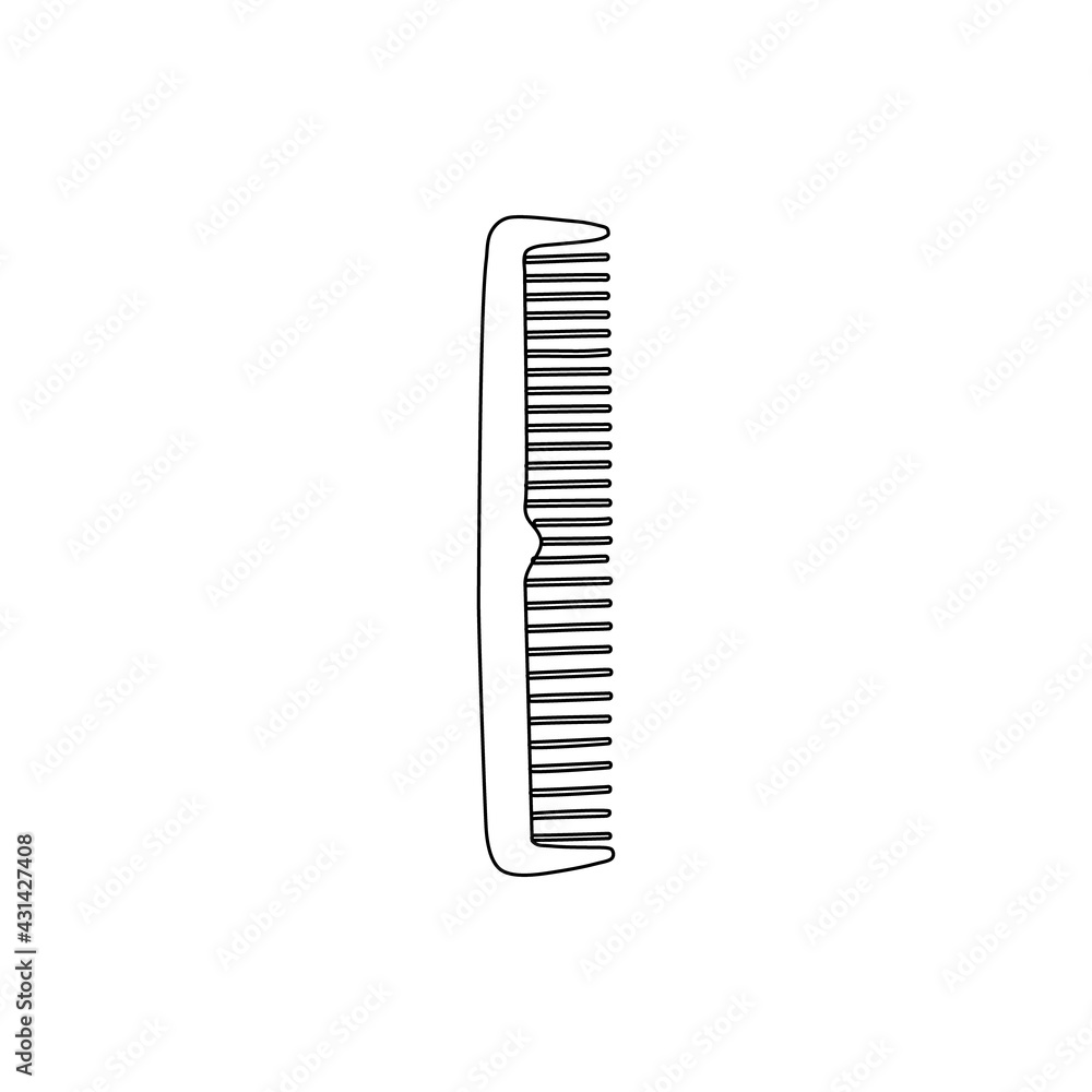 Hair comb on a white background. Black outline, simple silhouette of a barber tool. Vector illustration for a logo, business card, or design.