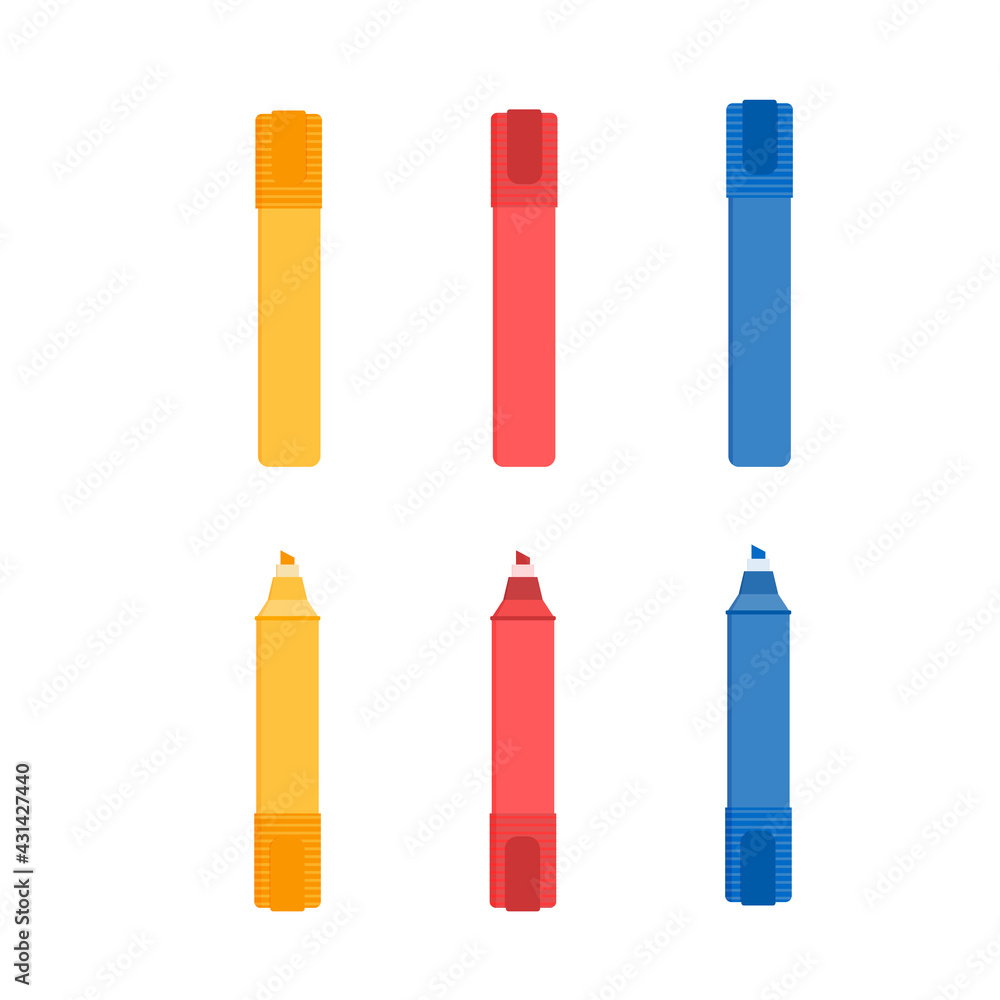 Flat vector illustration of yellow, red and blue highlighter marker pens. Isolated on white background Flat vector illustration of yellow, red and blue highlighter marker pens. Isolated on white background