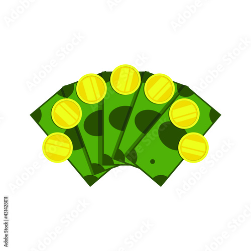Coins and banknotes are fanned out. Money, top view. Vector illustration, flat cartoon color design, isolated on white background, eps 10.