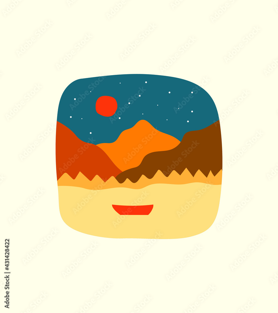 design of mountains and boats on the sea for t-shirts design, badges, emblem, glasses, cups, smart phone, pins and other