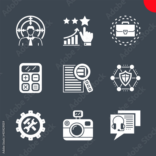 SEO Related Vector Glyph Icons Set. Online consulting, target audience, photo presentation, support, network protection, case study, seo calculator, portfolio, reputation management