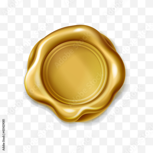 Golden wax seal isolated on transparent background. . Realistic gold elite stamp for letter label, 3d royal medieval certificate, quality guaranteed logo. Award medal symbol, vector design element.