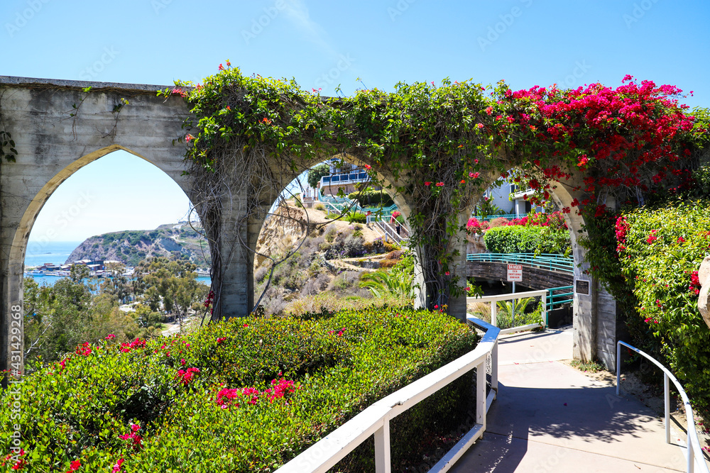 The Dana Point Arches with green plants and red flowers down a