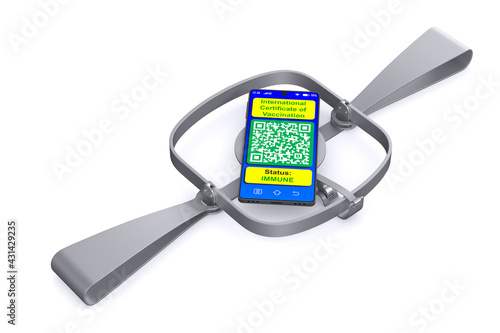 bear trap and digital passport of vaccination in phone on white background. Isolated 3D illustration
