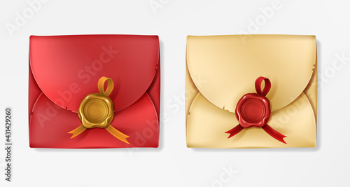 Golden and red vintage envelopes with wax seals. Closed blank with round stamp with ribbon. Paper cover, antique message, letter package, document or postcard. Realistic 3d vector mockup.