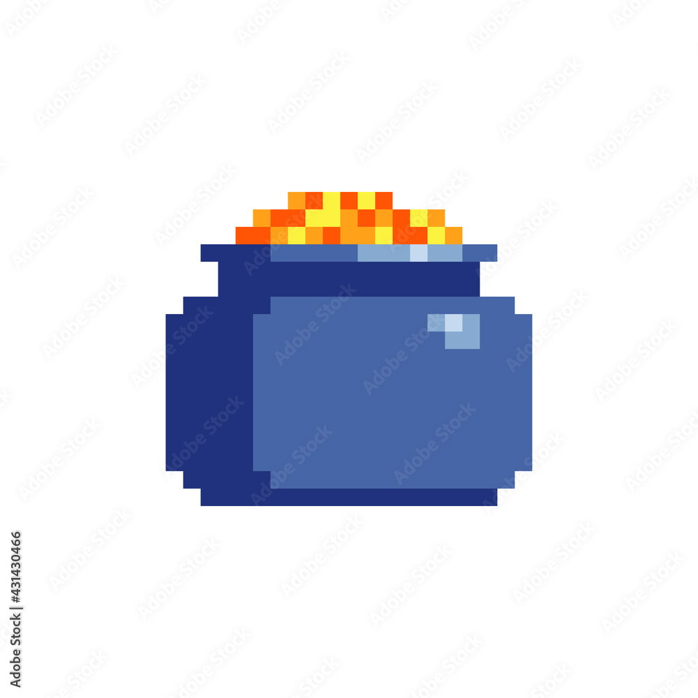 Pot with gold coin. Pixel art. Patrick's day. Isolated on white background. Pot with gold coin. Pixel art. Patrick's day. Isolated on white background.