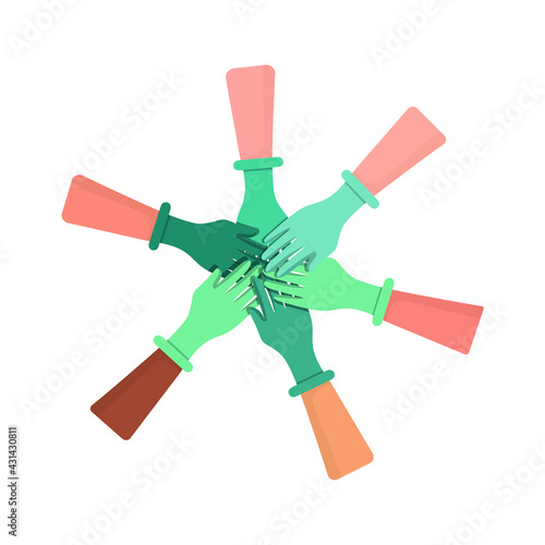 Put your hands in rubber gloves on top of each other. Collaboration gesture, teamwork. Concept: medical consultation, surgeons together, medical workers. Vector illustration, flat cartoon design.