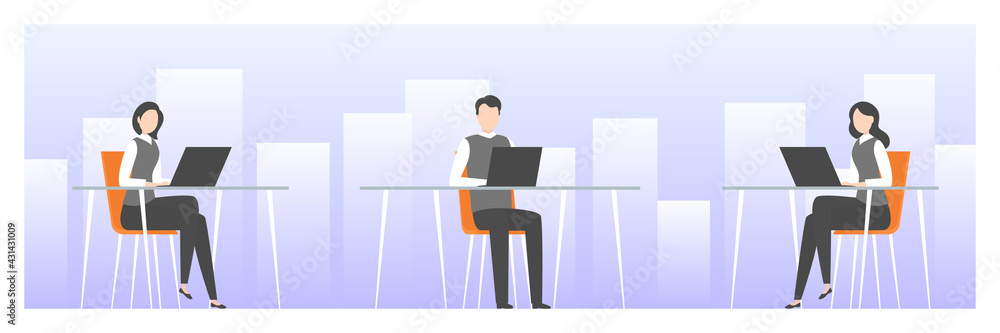 Employees working in open space office. Vector illustration.