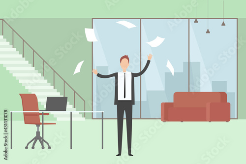 Man yelling and scattering documents. Vector illustration.