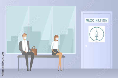 Man and woman waiting in vaccination station. Vector illustration.