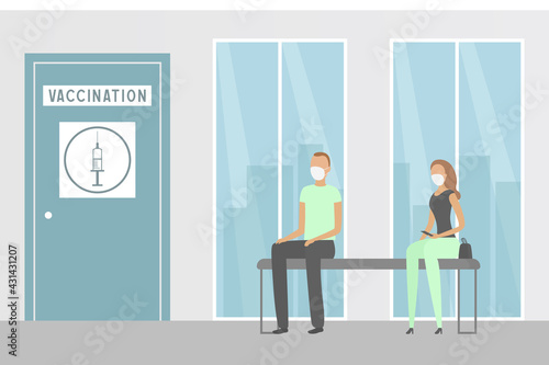People waiting in vaccination centre. Vector illustration.