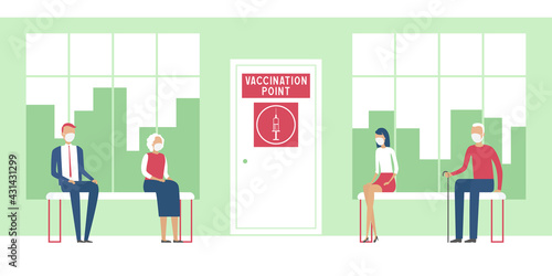 Vaccination point. People waiting in line. Vector illustration.