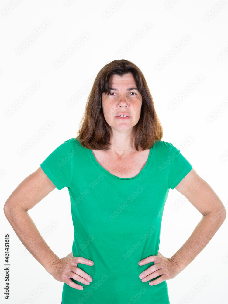 cute brunette woman standing hands on hips in white background cute brunette woman standing hands on hips in white background