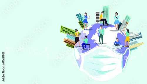 Men and women wear mask. world put mask health.Social distancing,Landmark building Illustration after the COVID-19 situation.