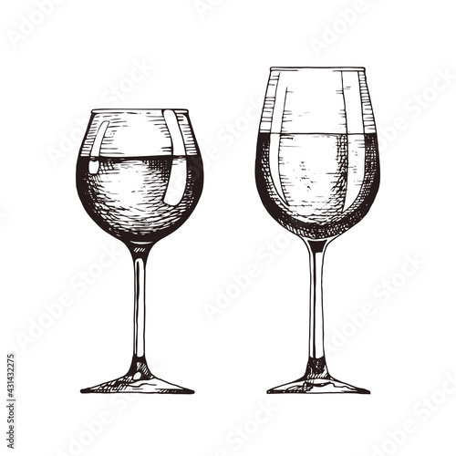 Red and white wine glasses. Vector illustration in hand drawn retro style