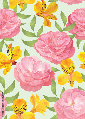 Seamless pattern of rose flower background template. Vector set of floral element for wedding invitations, greeting card, brochure, banners and fashion design.