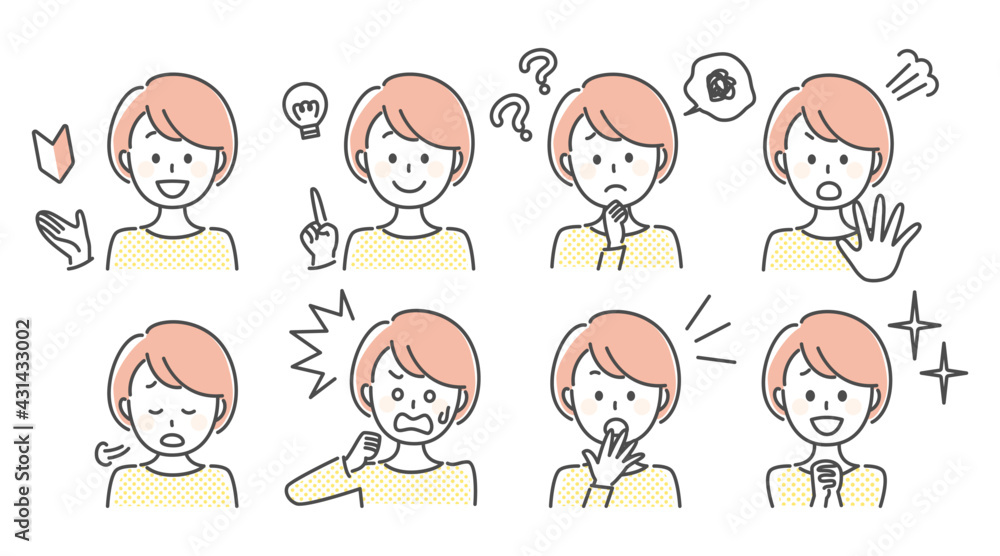 simple illustration of lady with many facial expressions simple illustration of lady with many facial expressions