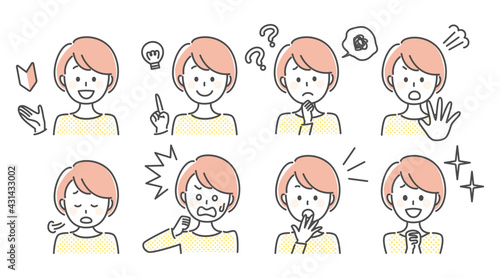 simple illustration of lady with many facial expressions