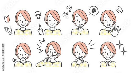 simple illustration of lady with many facial expressions