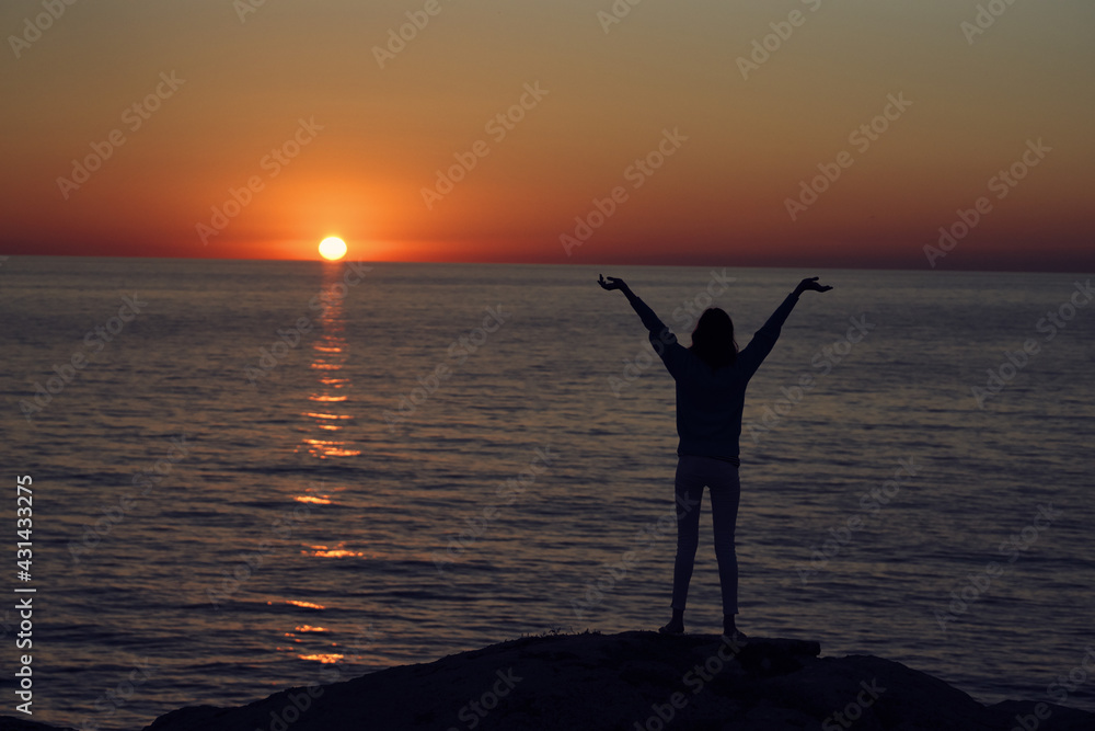 Beach mountains landscape sun sunset female silhouette